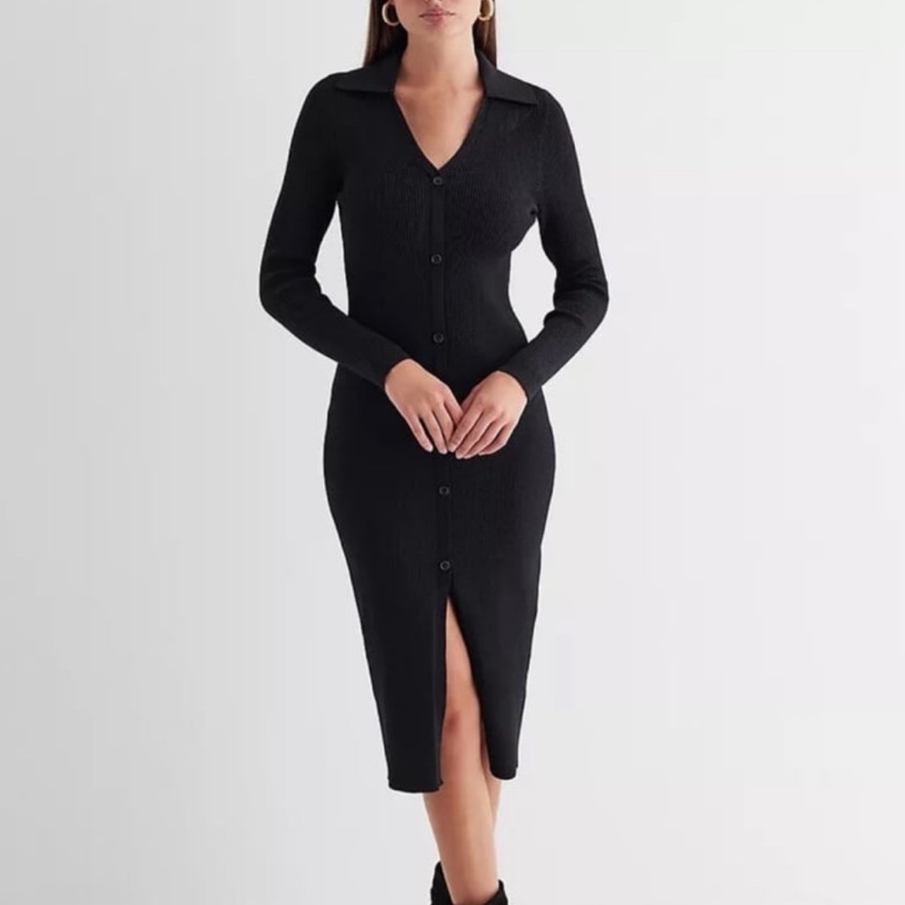 Express Collared Midi Sweater Dress Black XS